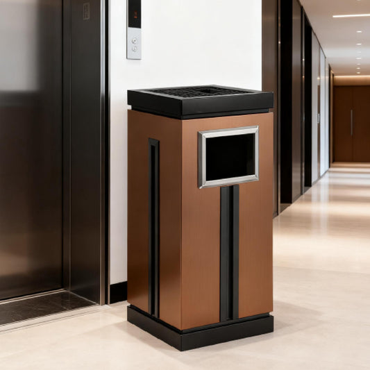 7 Gallon Stainless Steel Trash Can with Ashtray for Office Bronze Gold with Black Accents