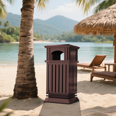 38 Gallon Brown Heavy Duty Outdoor Trash Can with Locking Lid and Ashtray for Street Sidewalk